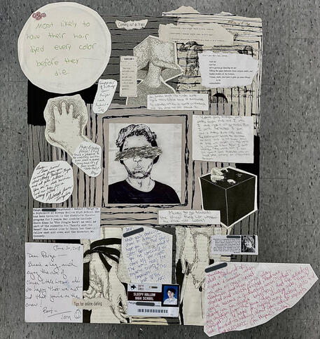 "A Love Letter to Paige", a collage using ephemera that has my deadname on it. (15” x 20”)