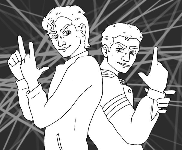 Black-and-white lined drawing of Owen Carvour and Agent Curt Mega from "Spies are Forever".