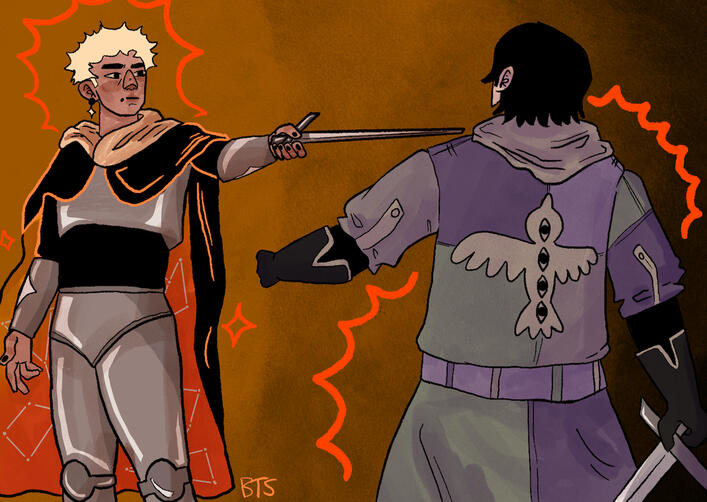 Half-body portrait of two people swordfighting.