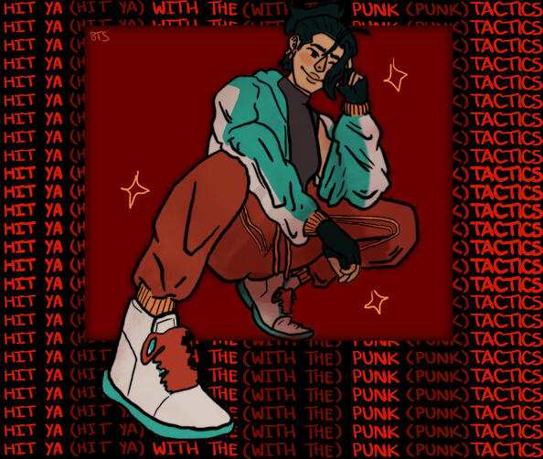 Digital full-body portrait with graphic design elements.