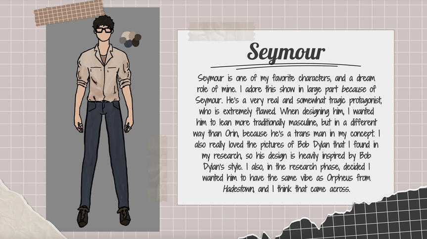 Costume design concept for Seymour Krelborn, in 1960s Greenwich Village "Little Shop"..