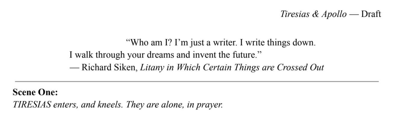 Scene One of "Tiresias &amp; Apollo", a play-in-progress